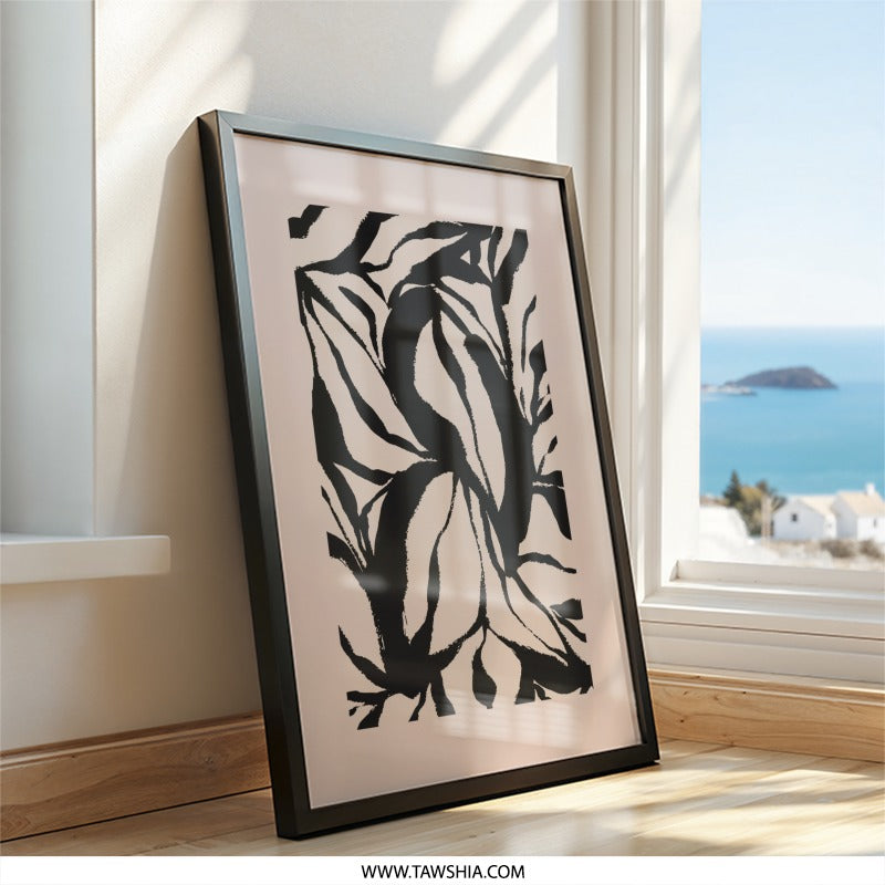 Abstract Floral Wall Art, Botanical Print, Modern Art Poster, Black and Beige Home Decor, Trendy Living Room Wall Decor, Minimalist Artwork - Tawshia
