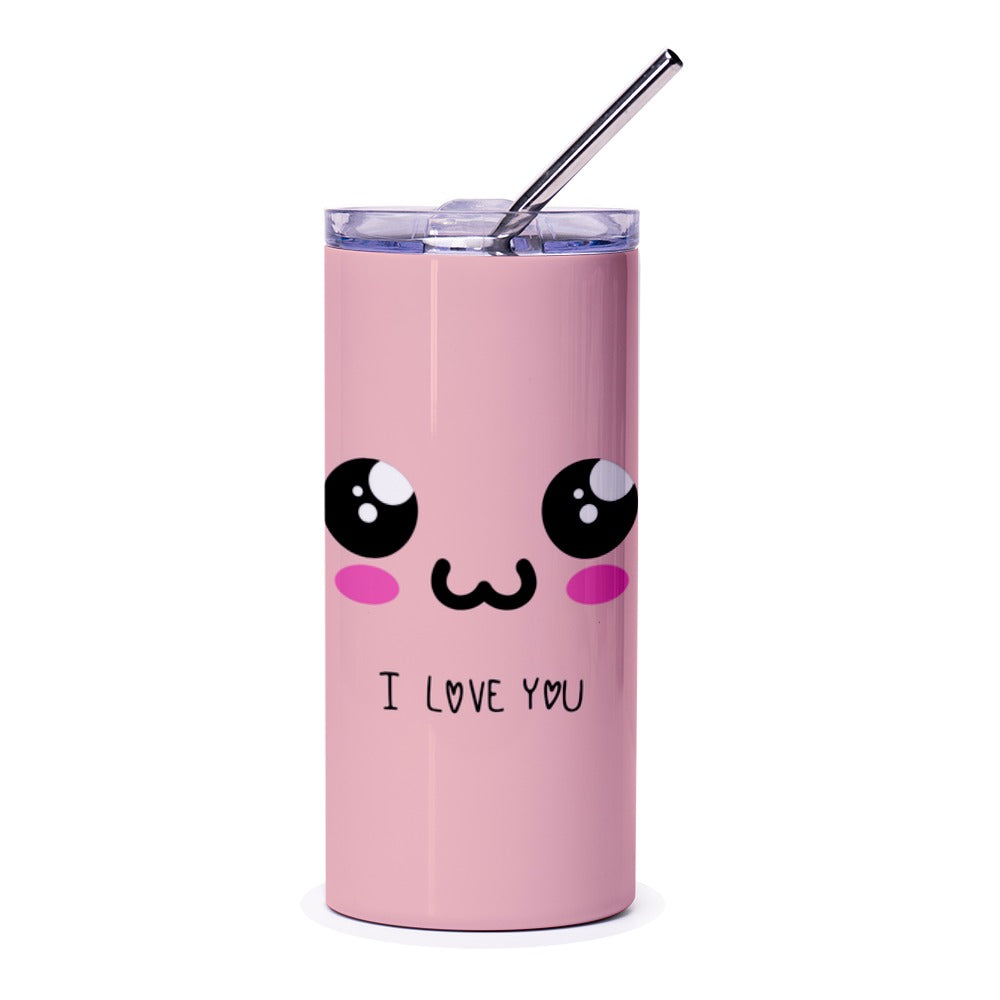 Kawaii Face Tumbler, Anime Inspired Gift, Cute Expression, Manga Style Design, Pink I Love You Tumbler, Gift for Her, Gift for Him - Tawshia