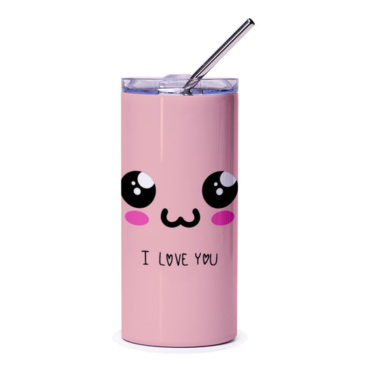 Kawaii Face Tumbler, Anime Inspired Gift, Cute Expression, Manga Style Design, Pink I Love You Tumbler, Gift for Her, Gift for Him - Tawshia