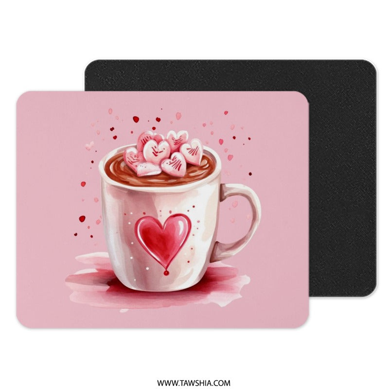 Heart Mug Mouse Pad, Valentines Day, Hot Chocolate Art, Love Decor, Cute Valentines Gift, Heart Marshmallows, Pink Watercolor Mousepad - Tawshia
