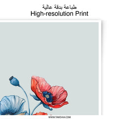 Floral Photographic Prints, Poppy Artwork Prints, Botanical Wall Decor, Flower Photography, Red and Blue Flower Illustration, Home Decor - Tawshia