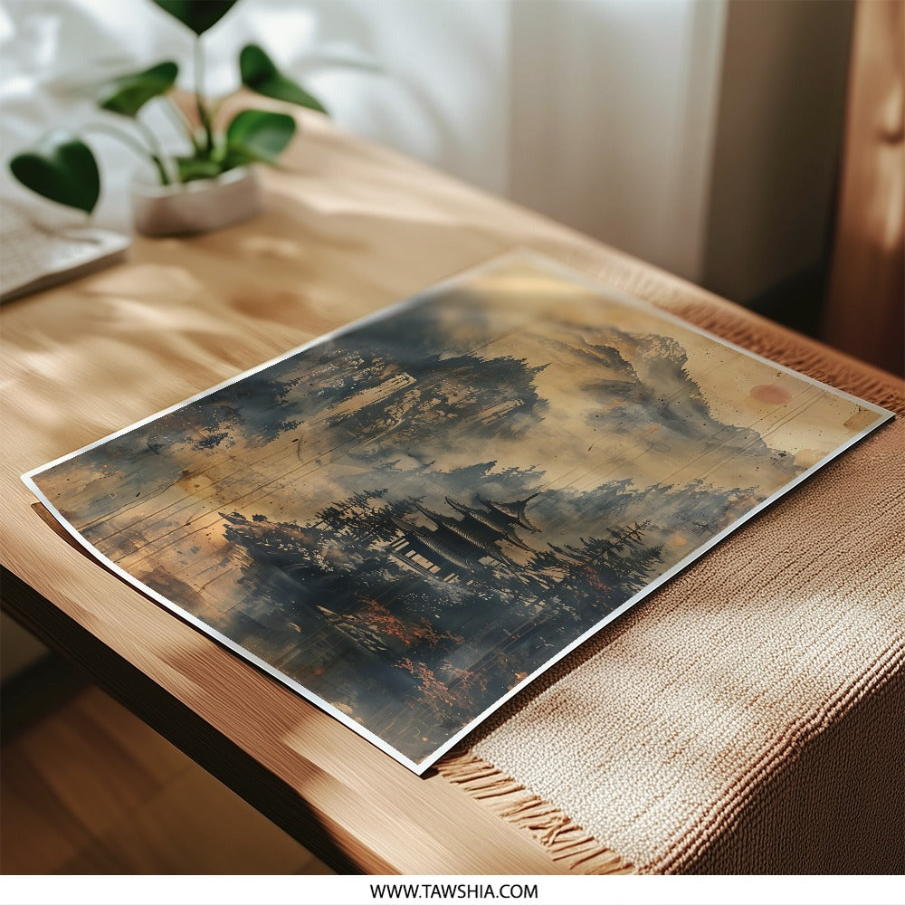 Asian Landscape Photographic Print, Temple Art, Misty Mountain Scenery, Japanese Inspired Wall Decor, Oriental Art Print, Home Decor - Tawshia