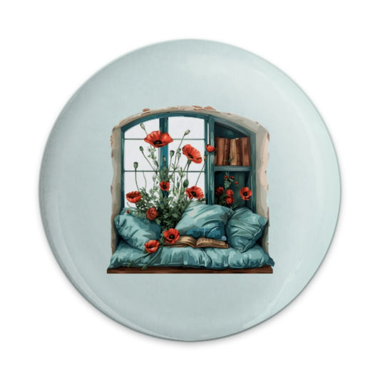 Window Poppies Pinback, Reading Nook Pin, Book Lover Button, Floral Pin, Cozy Aesthetic Pinback, Floral Pinbacks, Literary Gift - Tawshia