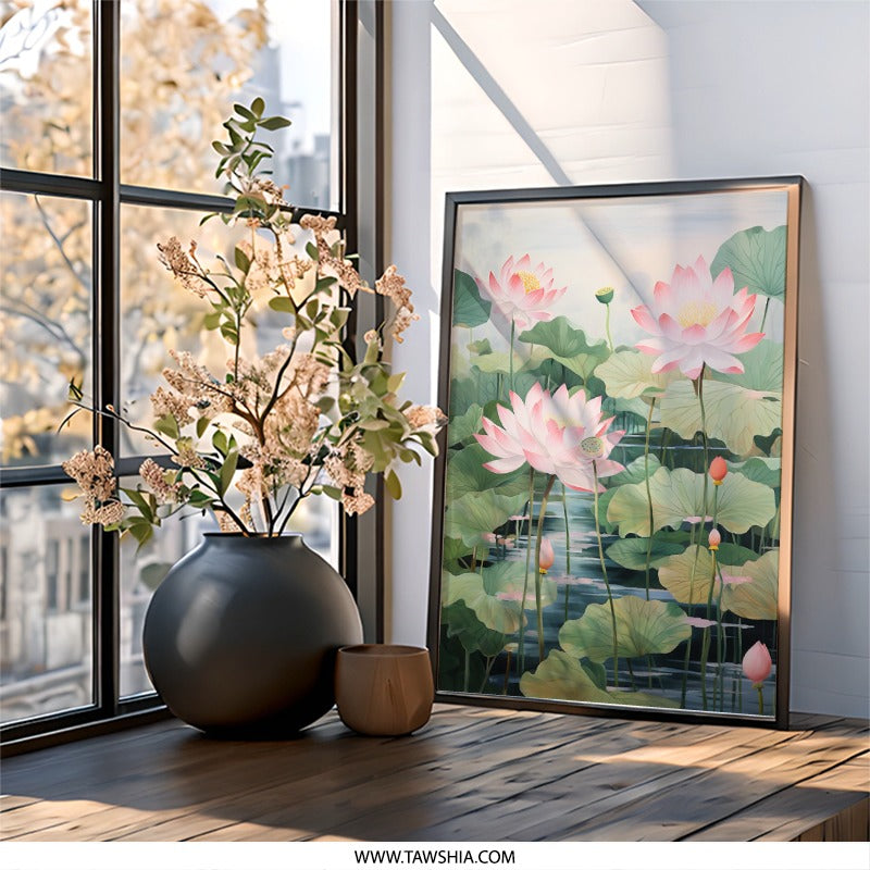 Lotus Flower Wall Art, Pink Floral Print, Botanical Wall Decor, Water Lily Art, Nature Wall Art, Serene Wall Art - Tawshia