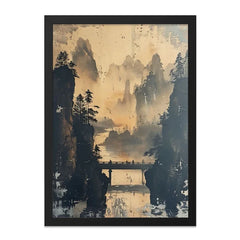 Asian Landscape Wall Art, Bridge Over Water Print, Mountain Scene, Scenic Vista Wall Decor, Serene Asian Art - Tawshia