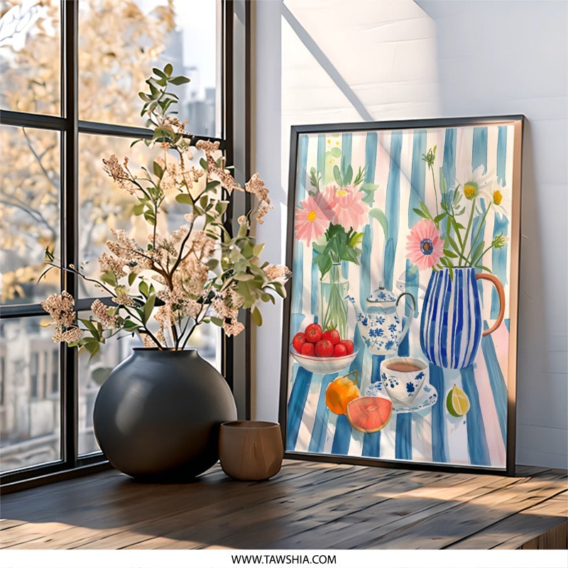 Tea Party Wall Art, Kitchen Decor, Floral Still Life Print, Blue and White Decor, Flower Art Print, Home Decor, Vibrant Wall Decor - Tawshia