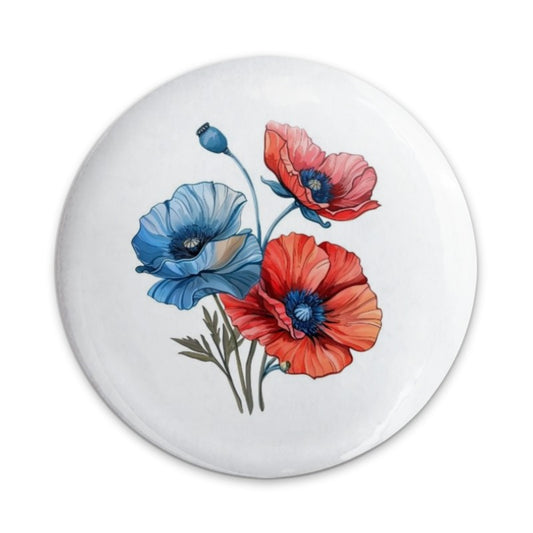 Floral Pinback Button, Poppy Pin, Red and Blue Flower Button, Botanical Art Button, Colorful Pin Button, Artistic Pin, Flower Lover Gift - Tawshia