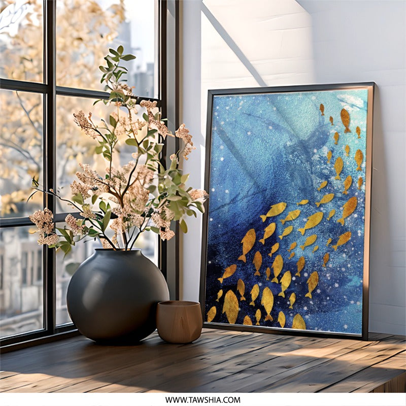 Golden Fish Wall Art, Blue Ocean Print, Modern Art Decor, Coastal Wall Hanging, Fish Illustration, Home Decor, Gold Fish Painting - Tawshia