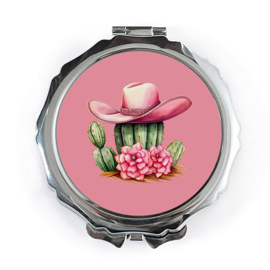 Pink Cowboy Hat Pocket Mirror, Cactus and Flowers, Western Style Makeup Mirror, Cute Compact Mirror, Cowgirl Gift Idea - Tawshia