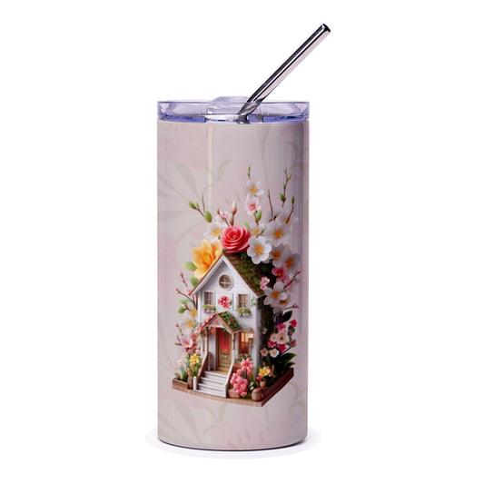 Floral Cottage Tumbler, House with Flowers, Springtime Design Tumbler, Whimsical Drinkware, Cottagecore Tumbler, Unique Gift Idea - Tawshia
