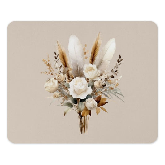Boho Floral Mouse Pad, Cream Rose Bouquet, Feather Accents, Trendy Office Decor, Unique Computer Accessory, Stylish Workspace - Tawshia