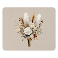 Boho Floral Mouse Pad, Cream Rose Bouquet, Feather Accents, Trendy Office Decor, Unique Computer Accessory, Stylish Workspace - Tawshia
