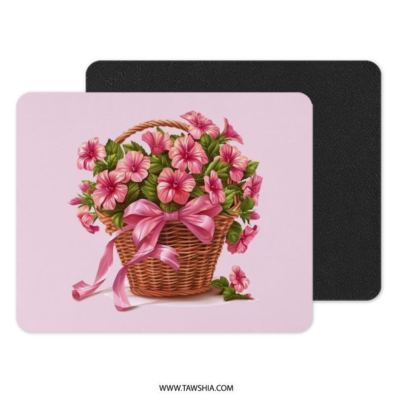 Floral Basket Mouse Pad, Pink Flower Mousepad, Cute Desk Decor, Home Office Accessories, Flower Basket Gift, Pretty Mousepad Gift Idea - Tawshia