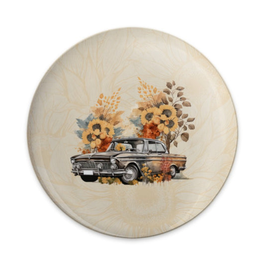 Vintage Car Pinback, Sunflower Automotive Pin, Classic Car Badge, Retro Vehicle Button, Fall Colors Accessory, Car Lover Gift - Tawshia