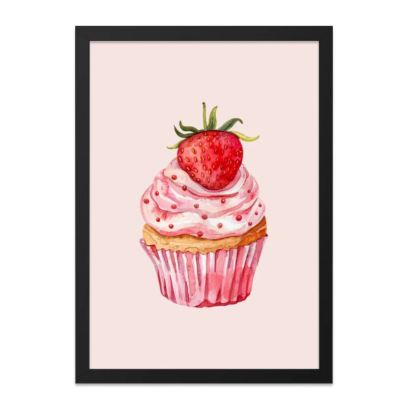 Strawberry Cupcake Wall Art, Watercolor Painting, Sweet Treat Decor, Kitchen Art Print, Bakery Poster, Foodie Gift Idea - Tawshia