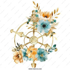 Nautical Floral Pinback Button, Ship Wheel Flowers, Ocean Theme Button, Coastal Decor, Beach Lover Gift, Unique Pin, Elegant Accessory - Tawshia