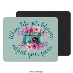 Turquoise Camera Mouse Pad, Floral Quote, Photography Lover Gift, Inspirational Desk Decor, Focus on Life, Cute Office Accessories - Tawshia