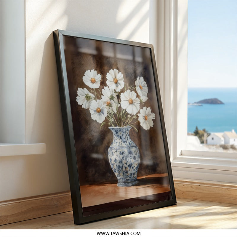 White Cosmos Wall Art, Floral Still Life Print, Blue and White Vase, Classic Flower Art, Elegant Home Decor, Timeless Artwork - Tawshia