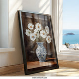 White Cosmos Wall Art, Floral Still Life Print, Blue and White Vase, Classic Flower Art, Elegant Home Decor, Timeless Artwork - Tawshia