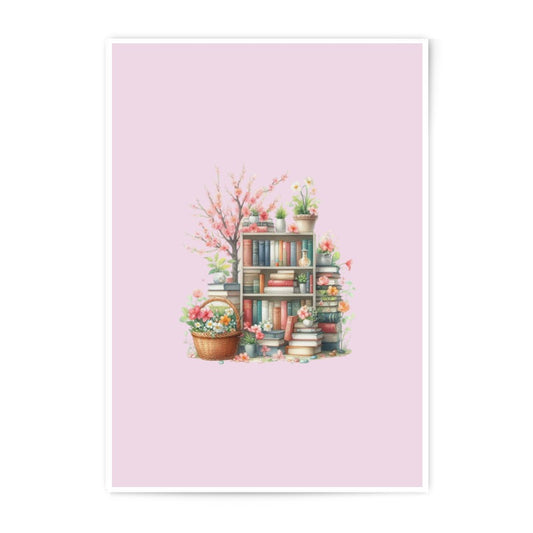Bookshelf Photographic Print, Floral Watercolor Art, Still Life Prints, Reading Nook Decor, Cozy Library Wall Art, Flower Art Prints - Tawshia
