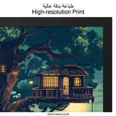 Pixel Art Wall Art, Treehouse Print, Cityscape Poster, Whimsical Home Decor, Cozy Wall Hanging, Unique Pixelated Art, Digital Art Print - Tawshia