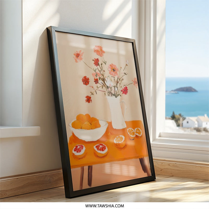 Orange Still Life Wall Art, Fruit and Flowers Print, Kitchen Art Decor, Modern Fine Art Print, Floral Still Life Painting - Tawshia