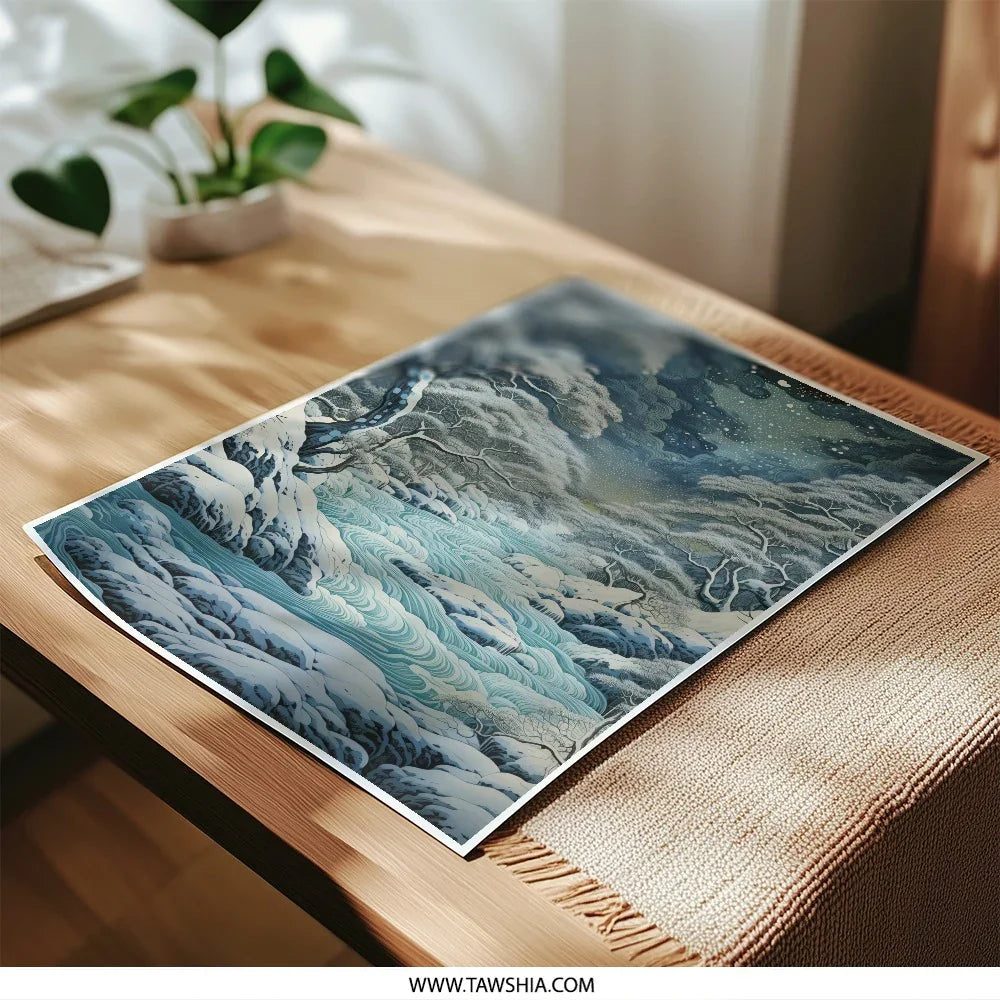 Winter River Photographic Print, Snowy Landscape Art, Celestial Night Sky, Serene Nature Scene, Wall Decor, Home Decor - Tawshia