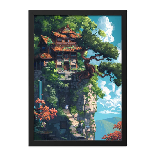 Japanese Temple Wall Art, Cliffside House Print, Oriental Decor, Anime Landscape, Tranquil Scenery, Nature Art Print, Dreamy Cottage Wall - Tawshia