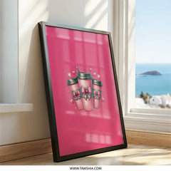 Pink Coffee Wall Art, Cute Coffee Print, Coffee Lover Decor, Kawaii Decor, Coffee Cups with Bows, Pink Wall Decor, Trendy Wall Decor - Tawshia