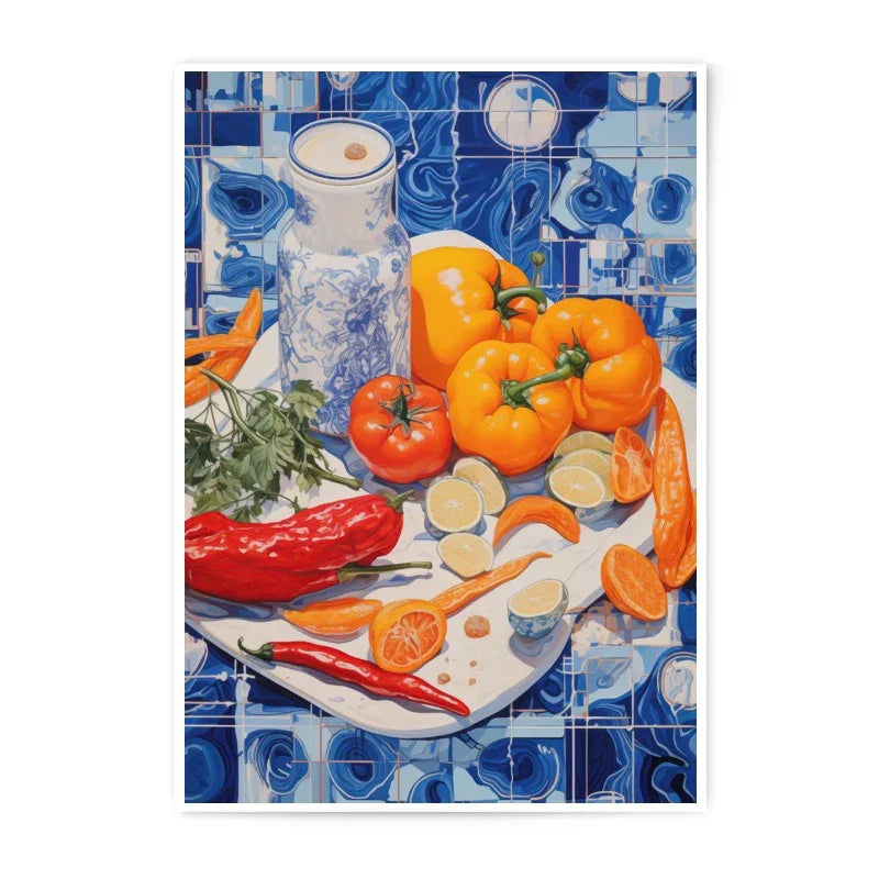 Still Life Photographic Print, Kitchen Art, Blue and White Decor, Pepper Art Print, Food Photography Print, Tomato Print, Citrus Art - Tawshia