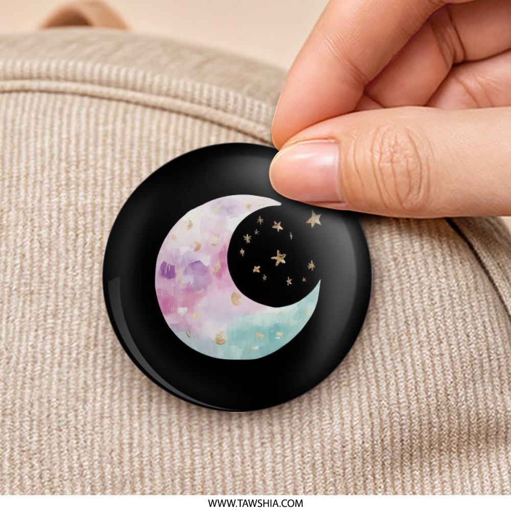 Moon and Stars Pinback Button, Celestial Button, Watercolor Crescent Moon Button, Galaxy Button, Space Button, Kawaii Cute Button - Tawshia