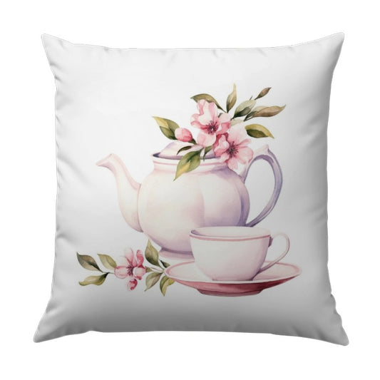 Floral Tea Party Pillow, Watercolor Teapot Cushion, Pink Blossom Throw Pillow, Home Decor Accent Pillow, Gift Idea - Tawshia