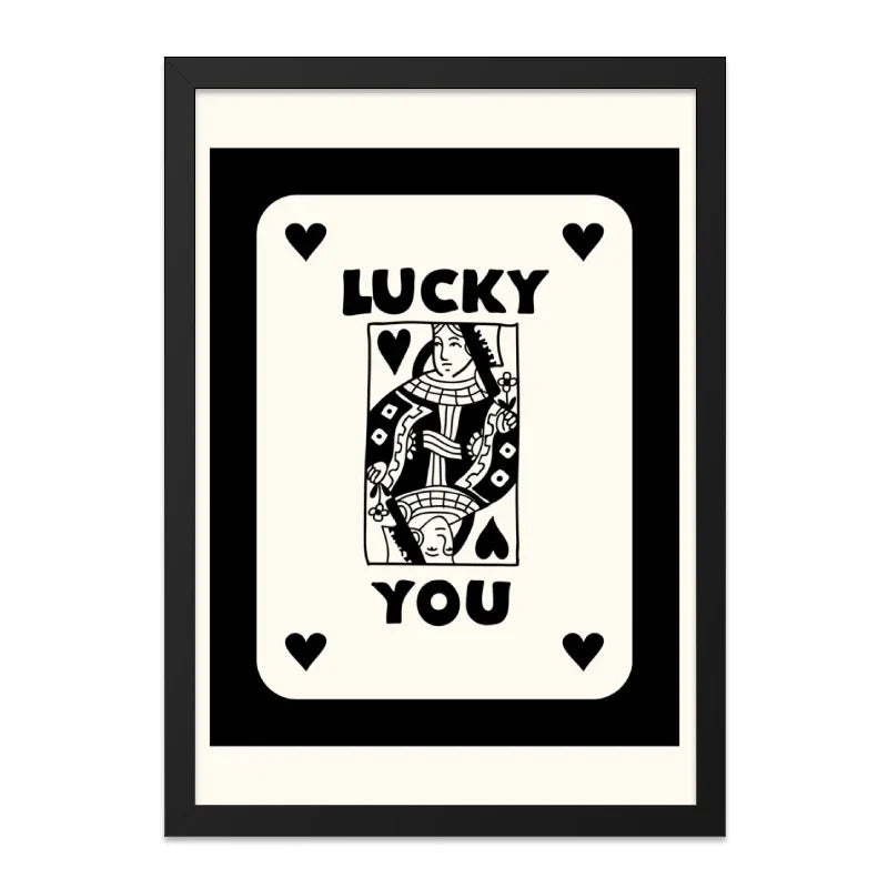 Lucky You Wall Art, Queen of Hearts Print, Playing Card Wall Decor, Lucky Art Print, Minimalist Wall Art, Black and White Artwork - Tawshia