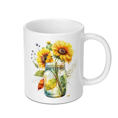 Sunflower Mug, Floral Watercolor Design, Mason Jar Art, Coffee Mug, Tea Cup, Gift Idea, Unique Present, Flower Lover Gift - Tawshia