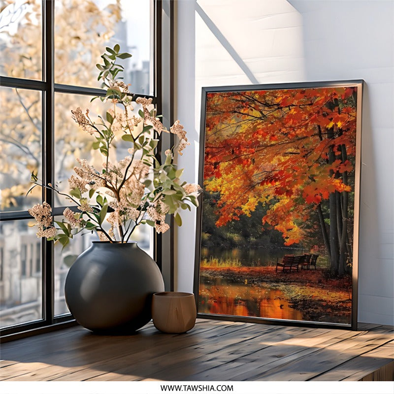 Autumn Wall Art, Fall Foliage Print, Scenic Landscape Decor, Autumnal Lake Scene, Bench by the Water, Vibrant Autumn Colors, Nature Art - Tawshia