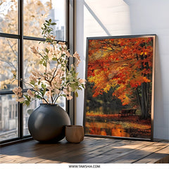 Autumn Wall Art, Fall Foliage Print, Scenic Landscape Decor, Autumnal Lake Scene, Bench by the Water, Vibrant Autumn Colors, Nature Art - Tawshia