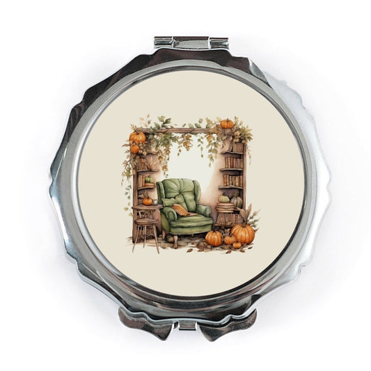 Cozy Autumn Pocket Mirror, Fall Reading Nook Compact Mirror, Pumpkin Decor Vanity Mirror, Autumnal Gifts - Tawshia