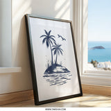 Tropical Island Wall Art, Palm Tree Print, Coastal Decor, Beach House Art, Navy Blue Island Scene, Ocean View Wall Decor, Vacation Vibes - Tawshia