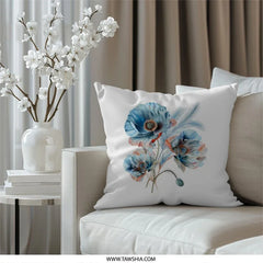 Blue Poppy Pillow, Floral Throw Pillow, Flower Decorative Pillow, Botanical Cushion Cover, Home Decor Accent, Modern Design Gift - Tawshia