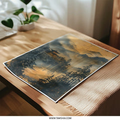 Asian Landscape Photographic Print, Oriental Temple Art Print, Zen Art, Mountain Lake Scenery, Japanese Art, Asian Wall Decor - Tawshia