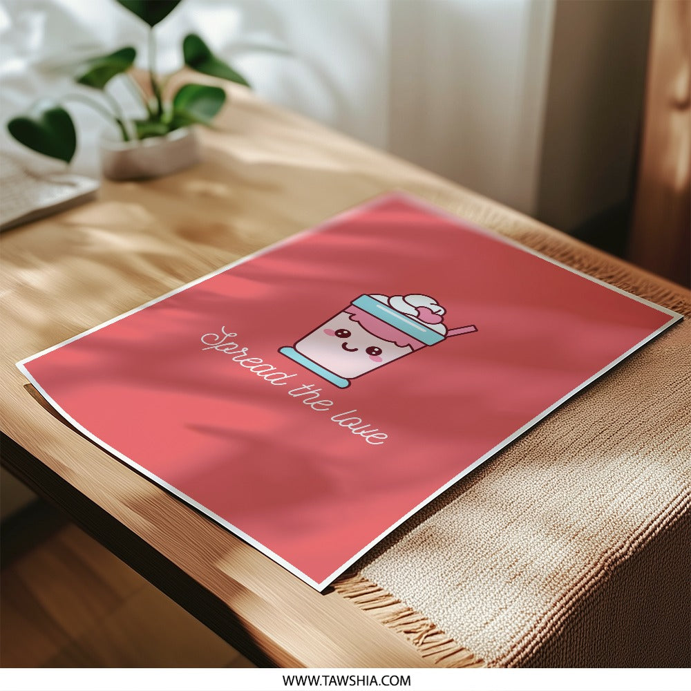 Cute Milkshake Photographic Prints, Kawaii Dessert Art, Spread Love Decor, Pink Drink Illustration, Gift for Her, Kitchen Wall Art - Tawshia