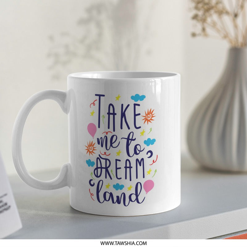 Dreamland Mug, Whimsical Design, Coffee Mug, Tea Cup, Gift Idea, Colorful Stars, Clouds, Balloons, Unique Mug, Cute Gift, Fantasy - Tawshia