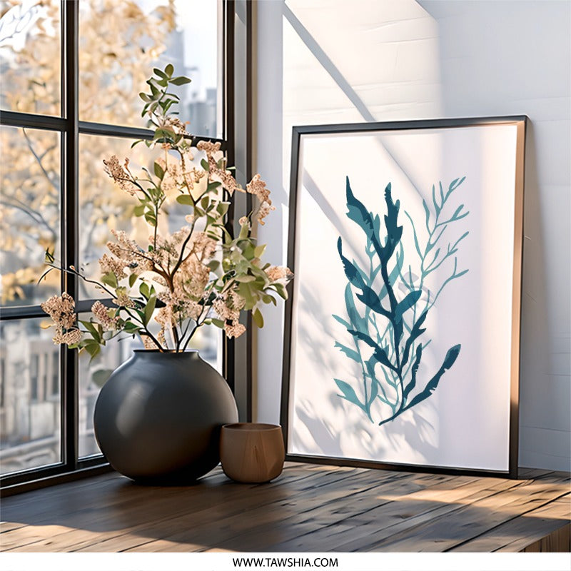 Blue Seaweed Wall Art, Botanical Print, Coastal Decor, Ocean Art, Minimalist Art, Modern Home Decor, Nature Inspired Art, Wall Decor - Tawshia