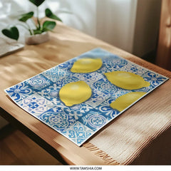 Lemon Photographic Print, Mediterranean Wall Art, Blue Tile Decor, Citrus Kitchen Art, Summer Decor, Fruit Print, Modern Wall Art - Tawshia