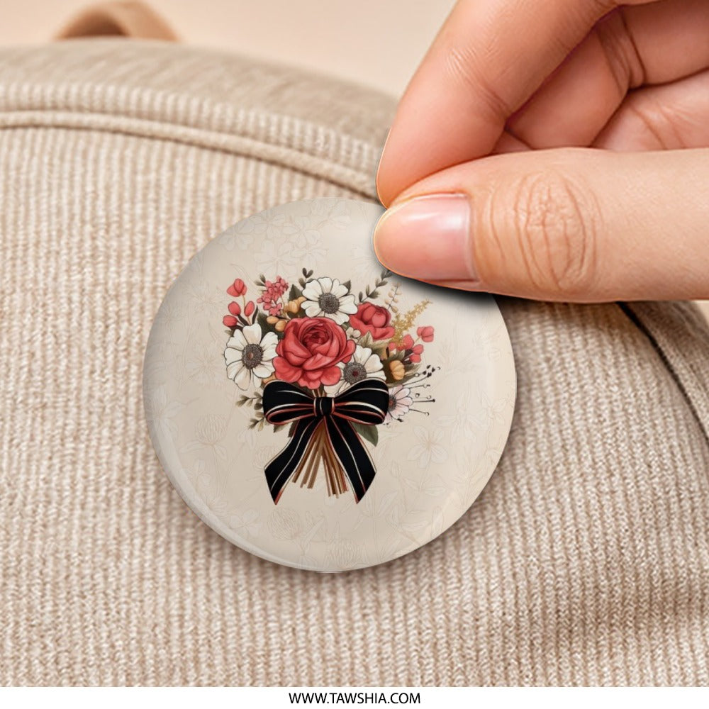 Floral Bouquet Pinback Button, Red Rose Flowers with Ribbon, Cute Pin Buttons, Floral Design, Gift for Flower Lovers, Aesthetic Pin - Tawshia