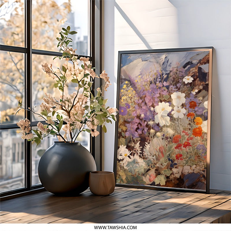Floral Wall Art, Mountain Flowers Print, Wildflower Painting, Nature Art Print, Botanical Wall Decor, Flower Field Landscape Art - Tawshia