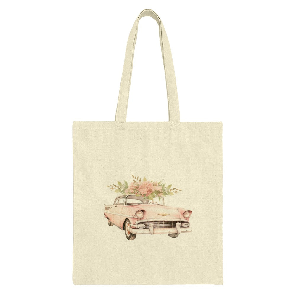 Pink Car Tote Bag, Floral Car Design, Retro Car Art, Classic Car Lover Gift, Unique Tote Bag, Everyday Bag, Stylish Tote - Tawshia