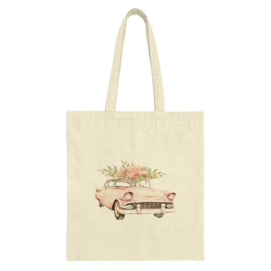Pink Car Tote Bag, Floral Car Design, Retro Car Art, Classic Car Lover Gift, Unique Tote Bag, Everyday Bag, Stylish Tote - Tawshia