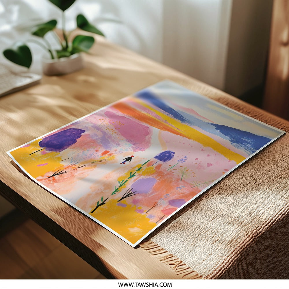 Pink Meadow Photographic Print, Landscape Art Print, Colorful Wall Decor, Person Walking, Mountain View Print - Tawshia