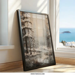 Winter Forest Wall Art, Snowy Landscape Print, Pine Trees Painting, Nature Home Decor, Winter Season Artwork, Calm Serene Scenery - Tawshia